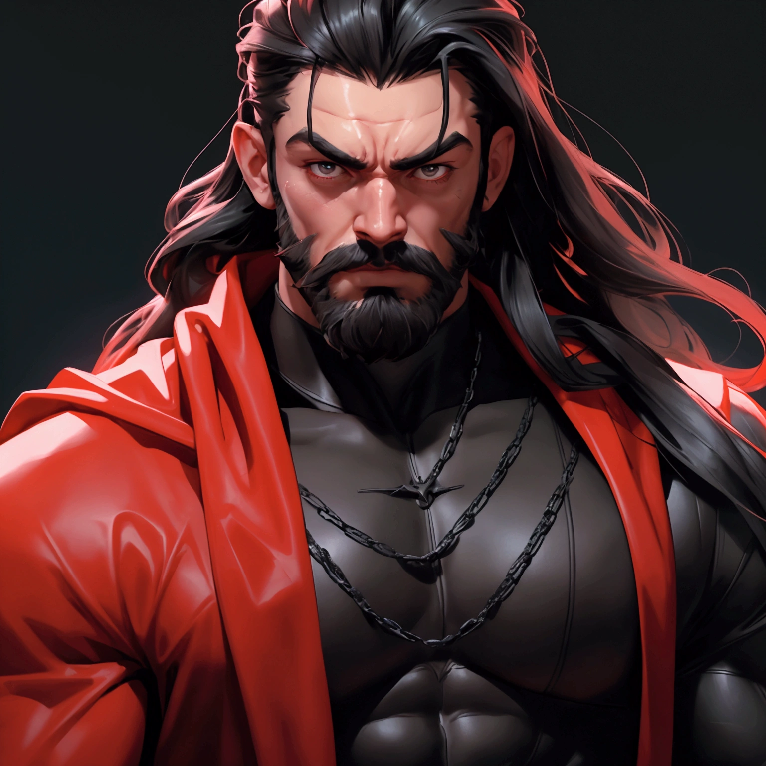 envision a 8k, highres, semi realistic cinematic close up portrait of a Muscular man with a muscular body, Full Beard, Undertaker, sleek long black hair, and black eyes, red and black tight suit, red cape, against a dark gray background