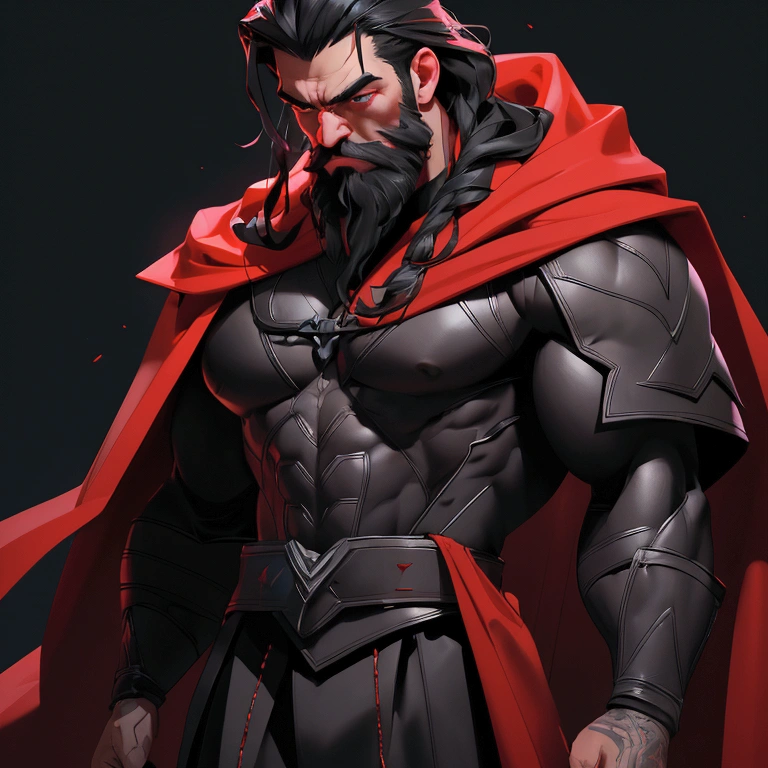 envision a 8k, highres, semi realistic cinematic close up portrait of a Muscular man with a muscular body, Full Beard, Undertaker, sleek long black hair, and black eyes, red and black tight suit, red cape, against a dark gray background