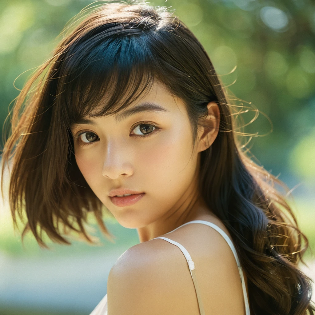 A hyper-realistic image of a single Japanese woman in her early 20s, captured with the nostalgic warmth and subtle graininess of a film camera, focusing on her upper body from the shoulders up. Her skin has a warm beige tone with a natural, slightly rough texture that includes visible pores, fine lines, and subtle imperfections such as small blemishes, adding to the authenticity of her appearance. The soft, diffused natural light enhances the film-like quality, casting gentle shadows across her face and shoulders to create a timeless, organic feel. Her straight, glossy black hair frames her face in a natural, slightly tousled manner, and her deep brown eyes reflect the ambient light, adding depth and emotion. The film camera effect introduces a slight grain and a softer focus, giving the image a warm, nostalgic atmosphere while maintaining the realistic texture of her skin. She is dressed in a simple, elegant top that complements her natural beauty, with the overall composition designed to evoke a sense of genuine, understated elegance. The use of natural light, combined with the deliberately rougher texture of her skin and the film-like qualities, ensures that this image captures the imperfections that make her beauty truly lifelike, focusing solely on this one individual from the shoulders up.