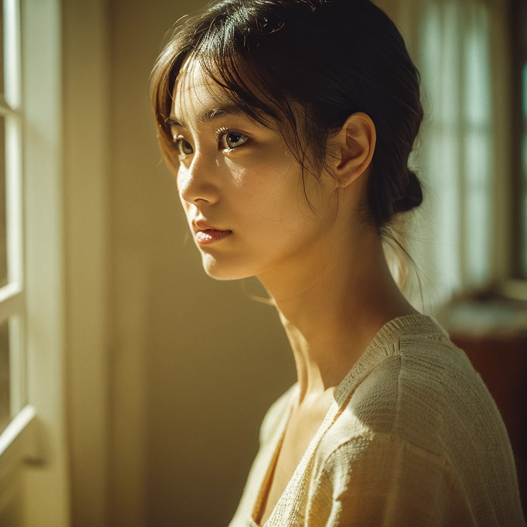 A hyper-realistic image of a single Japanese woman in her early 20s, captured with the nostalgic warmth and subtle graininess of a film camera, focusing on her upper body from the shoulders up. Her skin has a warm beige tone with a natural, slightly rough texture that includes visible pores, fine lines, and subtle imperfections such as small blemishes, adding to the authenticity of her appearance. The soft, diffused natural light enhances the film-like quality, casting gentle shadows across her face and shoulders to create a timeless, organic feel. Her straight, glossy black hair frames her face in a natural, slightly tousled manner, and her deep brown eyes reflect the ambient light, adding depth and emotion. The film camera effect introduces a slight grain and a softer focus, giving the image a warm, nostalgic atmosphere while maintaining the realistic texture of her skin. She is dressed in a simple, elegant top that complements her natural beauty, with the overall composition designed to evoke a sense of genuine, understated elegance. The use of natural light, combined with the deliberately rougher texture of her skin and the film-like qualities, ensures that this image captures the imperfections that make her beauty truly lifelike, focusing solely on this one individual from the shoulders up.