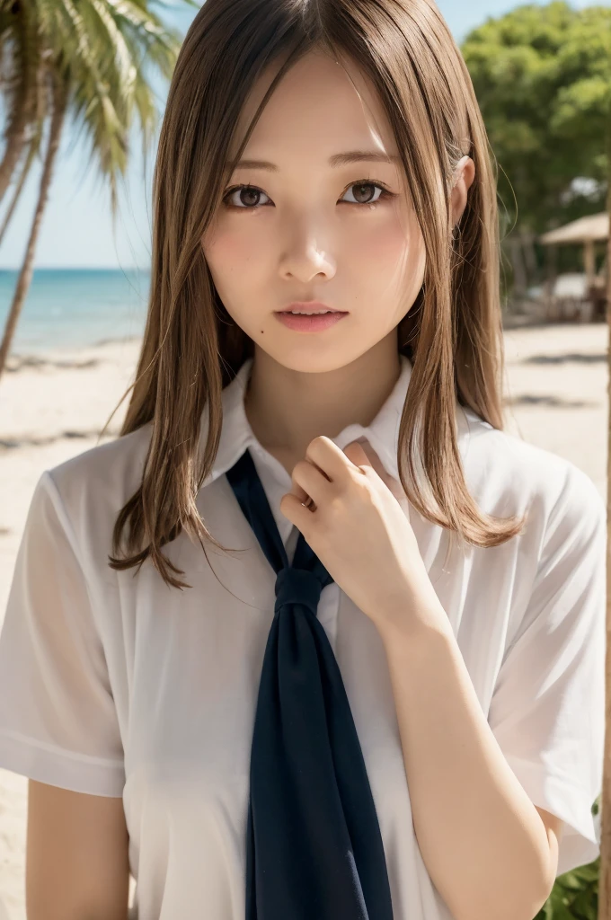 (At the resort beach:1.5)、Whole Body Ezbian、((女子高生の制服姿でappear:1.3))、(masterpiece、Highest quality) 、Soft lighting、Really great images, Very very beautiful、masterpiece, Highest quality,photograph, cute、(Huge boobs:1.3)、20-year-old girl、(Redness of the skin:1.3)、Young and adorable Japanese face, Fresh skin, Face close-up, Young Face, Soft Portrait Shot 8k, if々Lion Japanese girl Real young idol、Young and cute gravure idol、Young Sensual Gravure Idol、Young Gravure Idol、Japanese Model、Out of focus、Blurry、Open shirt、The shirt is open、your、appear、The shirt is open and the are visible