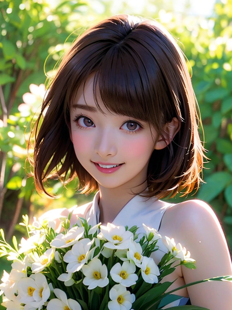 High resolution, 8k, Highest quality, detailed, Semi-realistic anime, Anime 3D Style, Smooth anime CG, One Girl, 20 year old Japanese woman, slim, Modeled, Shiny brown hair, detailedな顔, Beautiful and detailed, Glowing Skin, Hard Focus、Film Grain, Soft lighting,white、Ocean、Droopy eyes、Brown eyeballs on face、smile、1 female、Woman in prom dress、Smooth Straight、detailedな顔、Clear Face、bouquet、bride