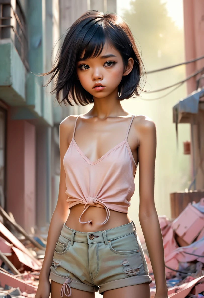 (Flat Chest:1.9),(Cinematic photography: 1.3) from (Really: 1.3), (comfortable: 1.3) Beautiful Filipina girl, ( Her short black hair was tied up in a messy mess.), высокодеталfromированная текстура кожи, skinny shoulders, Realistic texture кожи, Look straight into the camera, (View your viewers), Pouting, pastel, Shine, dramatic, dream-like, pastelный цветочный сад, thin, skinny, kind, Высокая деталfromация, difficult, Digital Painting, Fantasy Theme,skinny , Bare Belly, Fantasy Concept Art , Fantasy Characters, Beautiful teenage girl, Perfect body, Highly detailed full-body shots, dream-like, pastel, watercolor, strange, kind, Highly detailed textures, Realistic texture, Digital Painting, высокодеталfromированная фотография (Art Deco: 1.3), (Фотореалfromм: 1.3), (Классический реалfromм: 1.3), (Fujifilm Superior: 1.3), nature, Golden Hour Light,delicate