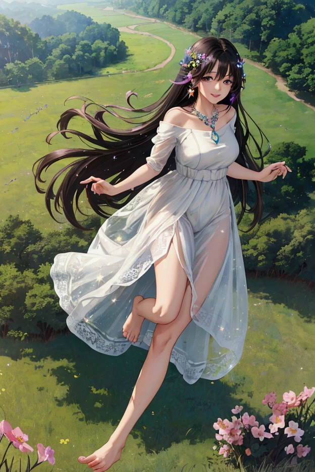 (masterpiece、Highest quality、8k、High resolution)、1 female、Beautiful eyes with slit length、Cute lips、Beautiful Nose、Brownish black hair、smile、(Best anime girl)、Green grassland with forest view、Walking,((Barefoot, off the ground, flying high, high, high, flying and running)),Fantasy art,Colorful flowers blooming in the field,A bright night with the stars clearly visible、milky way、(Mysterious light particles from the whole body、Colorful light particles)、jewelry、necklace、White lace dress、(Beautiful full body style)、Highly detailed anime art、Fantasy art,