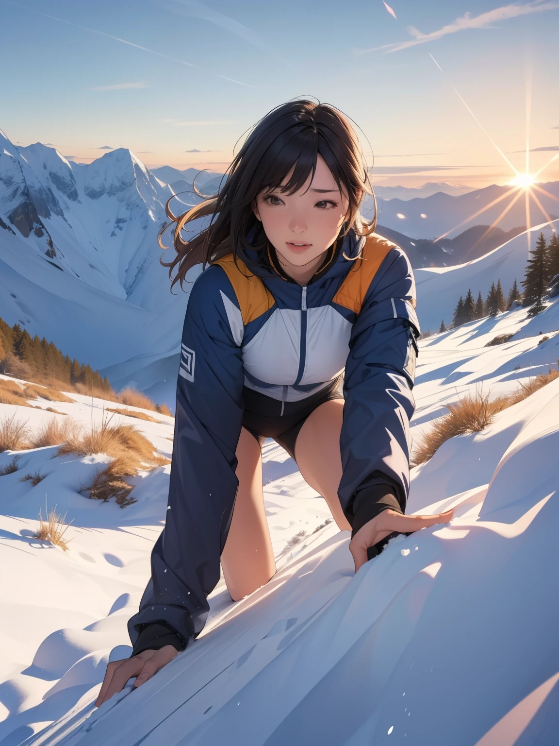 (Highest quality,4K,8k,High resolution,masterpiece:1.2),Very detailed,(Realistic,photoRealistic,photo-Realistic:1.37),Majestic mountain slope at sunset, The graceful figure of a girl climbing a hill, ((Winter outdoor climber style clothing)), A person reaching out to the sunlight shining down from the mountaintop, Beautiful landscape decorated with earthy colors, A hopeful view, Evoke affective emotions in the viewer, Highlight the scenery、Minimize portrait size