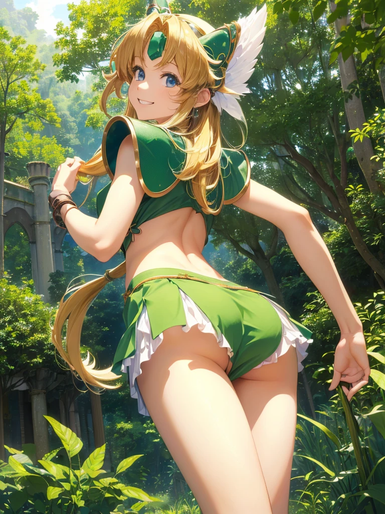 (masterpiece, Highest quality:1.3), lease, Seiken Densetsu 3, ((とても恥ずかしいパニックsmile、Look back and see this,(Point your butt forward)、（No underwear)、tall、No sleeve,The ruins in the background are very beautiful,Big eyes,(High definition and very beautiful eyes).smile,((Deep green ultra-mini skirt)),Looking up at the butt,Big Ass,Forest background,