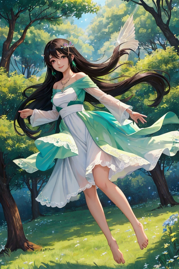 (masterpiece、Highest quality、8k、High resolution)、1 female、Beautiful eyes with slit length、Cute lips、Beautiful Nose、Brownish black hair、smile、(Best anime girl)、Green grassland with forest view、Walking,((Barefoot, off the ground, flying high, high, high, flying and running)),Fantasy art,Colorful flowers blooming in the field,A bright night with the stars clearly visible、milky way、(Mysterious light particles from the whole body、Colorful light particles)、jewelry、necklace、White lace dress、(Beautiful full body style)、Highly detailed anime art、Fantasy art,