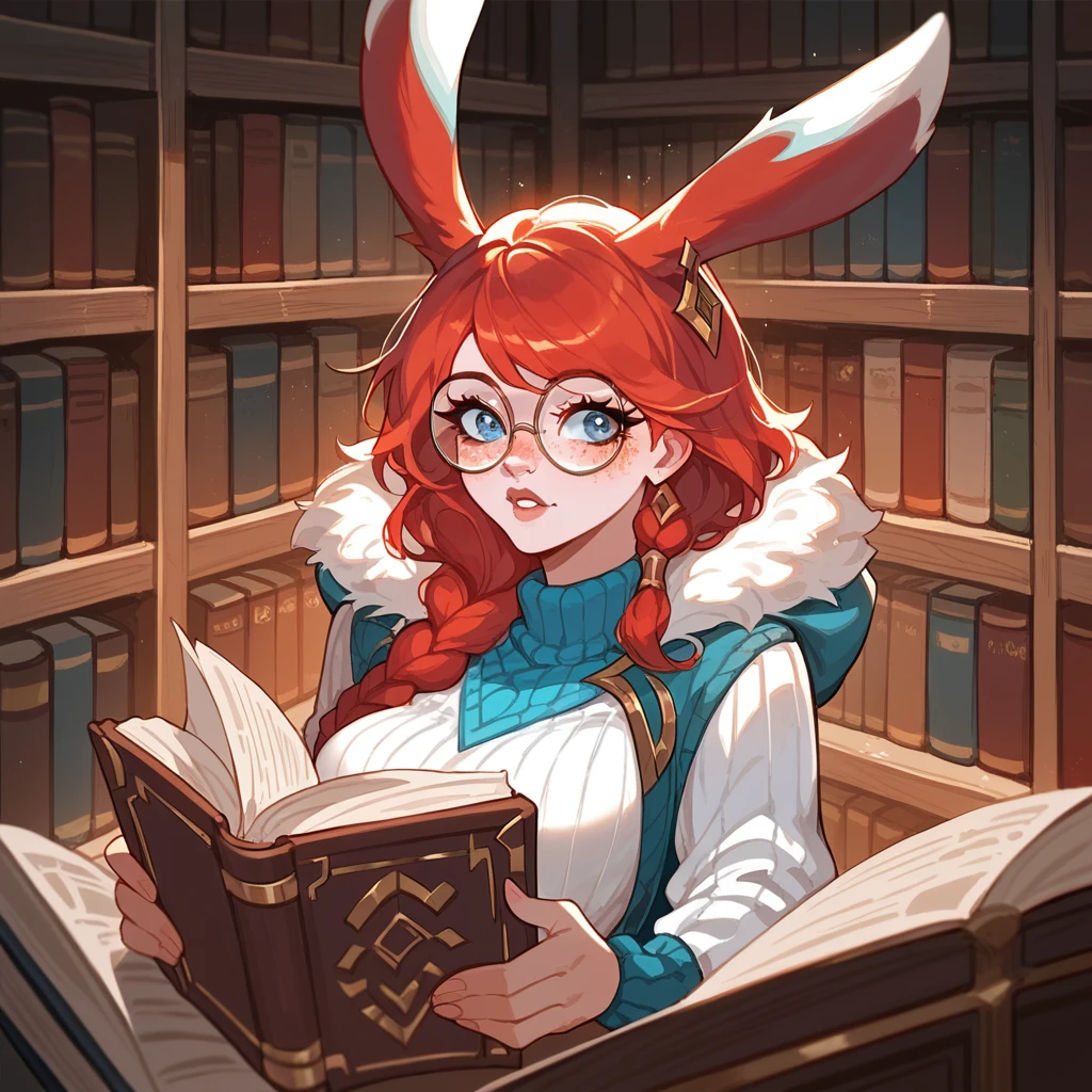 score_9, score_8_up, score_7_up, aurora (league of legends), 1girl, blue eyes, bunny ears, freckles, bangs, braid, sexy, sensual, full body, round glasses, summer, book, earrings, red hair, long eyelashes, big bust, high heels, bookstore