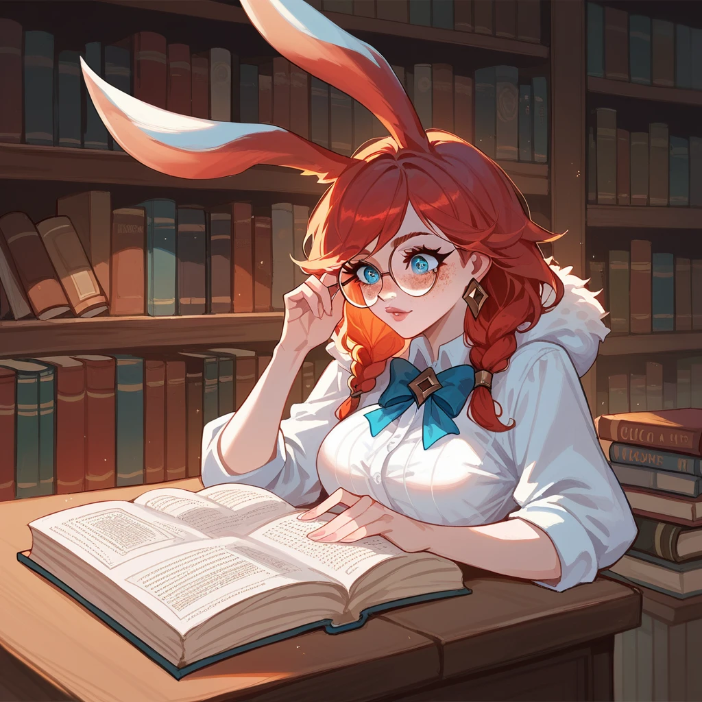 score_9, score_8_up, score_7_up, aurora (league of legends), 1girl, blue eyes, bunny ears, freckles, bangs, braid, sexy, sensual, full body, round glasses, summer, book, earrings, red hair, long eyelashes, big bust, high heels, bookstore