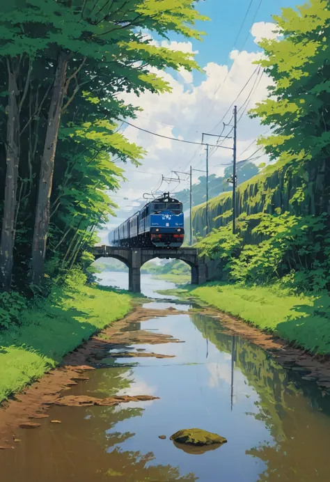 there is a painting of a train on the tracks by the water, reflections. by makoto shinkai, detailed landscape —width 672, realis...