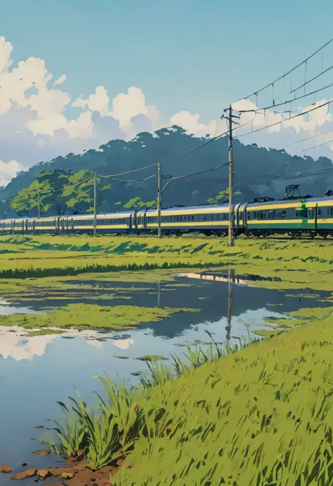 there is a painting of a train on the tracks by the water, reflections. by makoto shinkai, detailed landscape —width 672, realis...