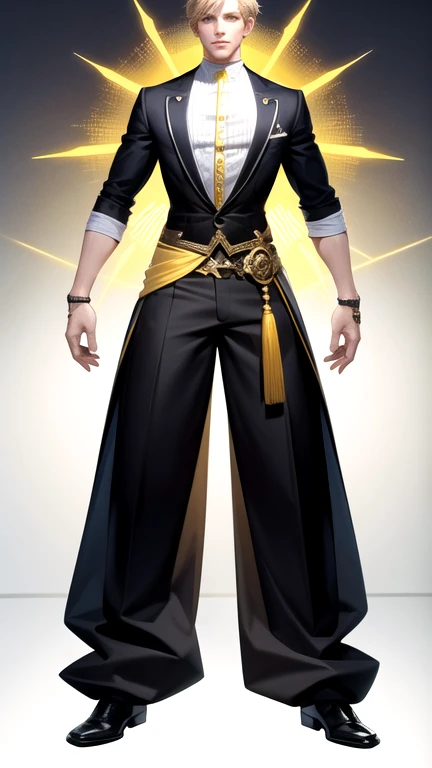 Stylish poses, (full body:1.3), best quality, masterpiece, ultra detailed, detailed, hyper detailed, White background, Beautiful standing figure, alone, male, Smile Facial, masterpiece, High resolution, Yellow Hair, Yellow Eyes, Black casual shirt, 