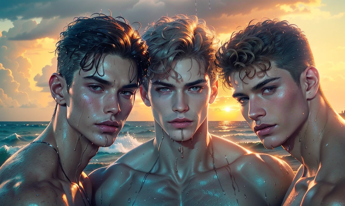 [((highly detailed, detailed eyes, detailed face, clear and realistic facial features, photorealistic, realistic light, cinematic, standing close together, close up)), ((((3 men, each man looks unique, each man has a different natural hair color and different facial features and skin color)))), (((sexy male college-age jocks standing on the beach looking horny and attracted to you))), (((wet hair and skin))), ((some beach sand sticking to their skin)), ((wearing wet clinging casual clothes)), (((dark grey stormy weather))), ((deserted tropical island at pre-dawn with palms and a stormy sea in the background))]