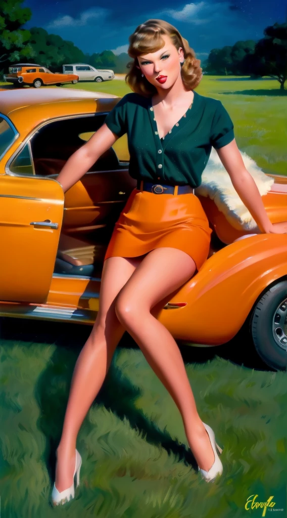 20-year-old Taylor Swift sitting on a blanket on the floor, In front of a retro car, ancient, Retro pin up style, sexy, He detailed everything, surprised, tight miniskirt, flowy skirt, showy , Orange and teal color combination, masterpieces works of art, illustrated,