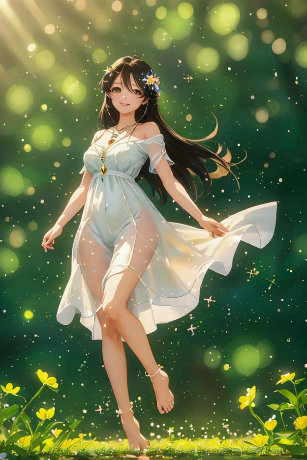 (masterpiece、Highest quality、8k、High resolution)、1 female、Beautiful eyes with slit length、Cute lips、Beautiful Nose、Brownish black hair、smile、(Best anime girl)、Green grassland with forest view、Walking,((Barefoot, off the ground, flying high, high, high, flying and running)),Fantasy art,Colorful flowers blooming in the field,A bright night with the stars clearly visible、milky way、(Mysterious light particles from the whole body、Colorful light particles)、jewelry、necklace、White lace dress、(Beautiful full body style)、Highly detailed anime art、Fantasy art,