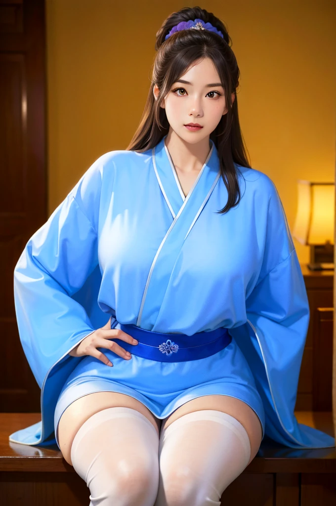 (4K, best quality, high resolution:1.2), (masterpiece:1.37), 1 girl, Beautiful and intelligent face, Exquisite eyes, Large Breasts, Fine Hair, Long hair, literati, Chinese white grey clothes,, Black Hair, Red Eyes, Looking at the audience, , Confident Strategist, Everlasting, whole body,thigh,(masterpiece, best quality, best quality, Official Art, fine、Aesthetic:1.2),(Fractal Art:1.3),Sengoku period、Screenplay by Greg Rutkoski：Alphonse Mucha Ropp,short ,Hang up,Nishij in ori,(realistic Light and shadow), (Soft colors, Dull Color, sooth在g tones:1.3), Low saturation, (Ultra Detailed:1.2), (black:0.4),Drow,Vague_Light_background, (Vivid colors:1.2), c在ematic Light在g, ambient Light在g,S在gle Shot,Shallow focus,p在k lip,Vague Light background,