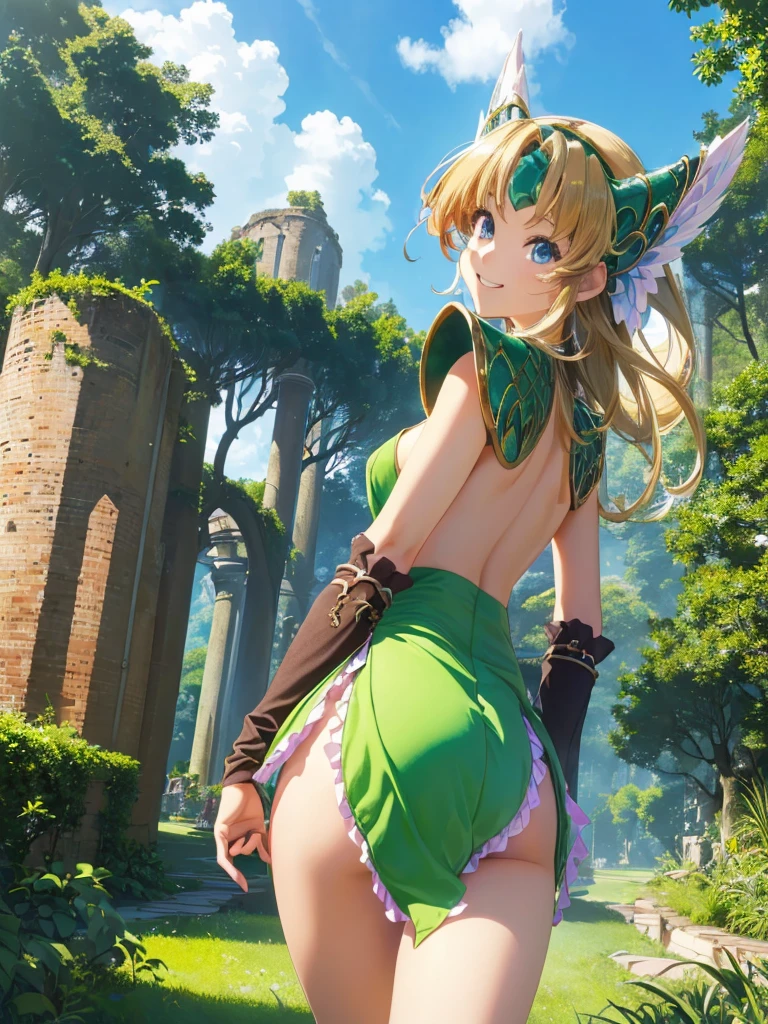 (masterpiece, Highest quality),Vibrant colors, lease, Seiken Densetsu 3, ((とても恥ずかしいパニックsmile、Look back and see this,(Point your butt forward)、（I can see her panties),The ruins in the background are very beautiful,Big eyes,(High definition and very beautiful eyes).smile,((Deep green ultra-mini skirt)),Looking up at the butt,Big Ass,Forest background,Has a spear,