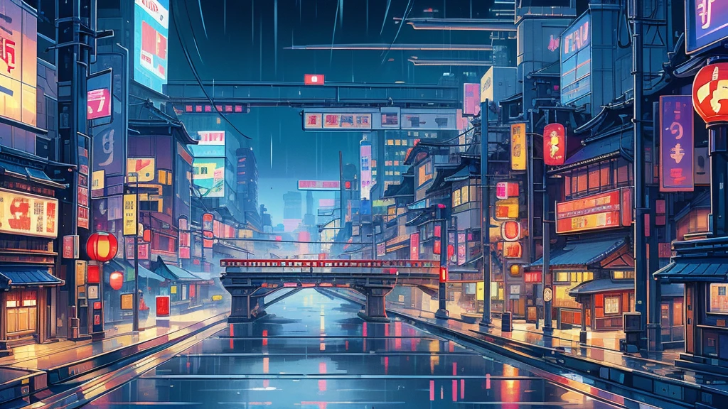 Pixel Art、Night City、train、expensive、Overpass、Cyber City、night、City、building、smoke、rain、City Pop、wood、Japan