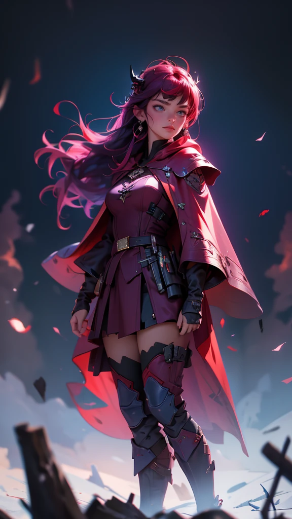 envision a 8k, highres, cinematic, beautiful close up portrait of a woman with Dark Purple hair, Blue eyes, Military Dress, Tactical Robe, Red Cape, in dark lighting, against a dark gray background