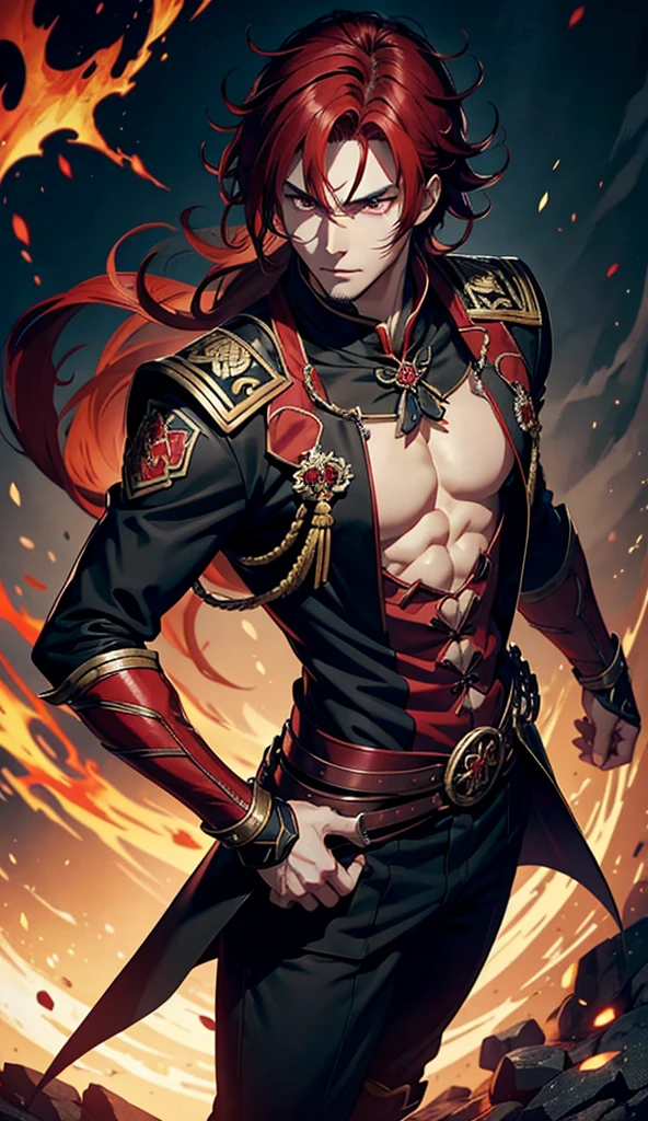 独奏, vampyre, warrior,naughty man, Youngh, nobleman, musculosos, Cao Cao, blood red hair,amber eyes, medium hair.high resolution, anatomically correcte, Russian general&#39;s outfit,hair ornament, Masterpiece artwork, Masterpiece artwork, 