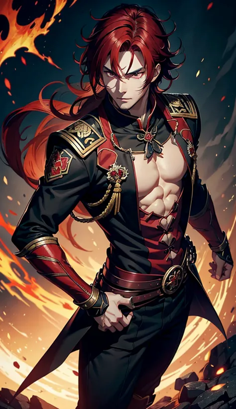 独奏, vampyre, warrior,naughty man, youngh, nobleman, musculosos, cao cao, blood red hair,amber eyes, medium hair.high resolution,...