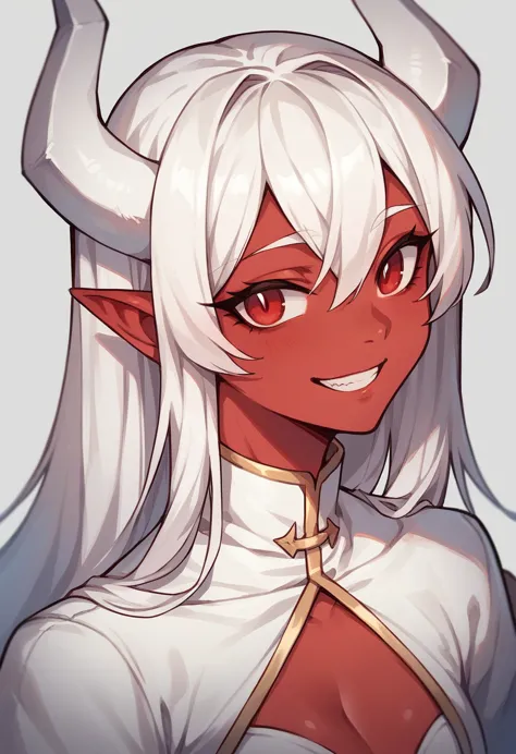 red skin woman white hair, white horns, red eyes,white clothes, smile,drawn