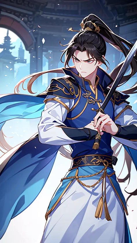 highest quality，masterpiece，16k,boy with a sword，combat stance，blue clothes，hanfu，long hair and a high ponytail，night，moonlight，...