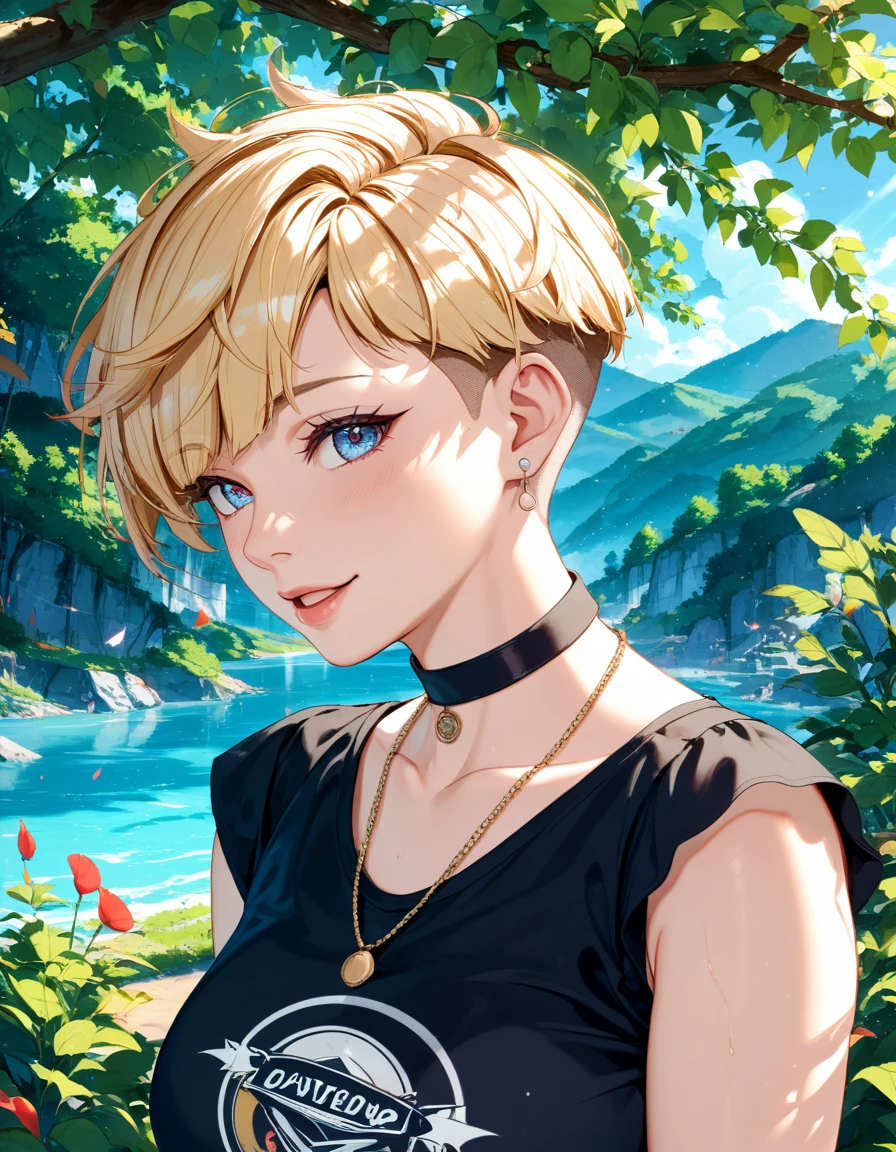 (Highest quality, 4K, 8k, High Resolution masterpiece:1.2), Very detailed, Picturesque, Anime-style photos, Photo Animation:1.37)、a beautiful girl、(blonde Hair)、(pixie cut)、Black choker、pierce、necklace、bracelet、