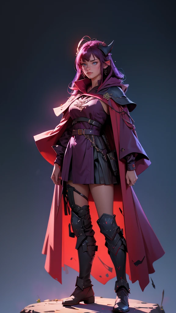 envision a 8k, highres, cinematic, beautiful full body concept art design sheet of a woman with Dark Purple hair, Blue eyes, Military Dress, Tactical Robe, Red Cape, in dark lighting, against a dark gray background