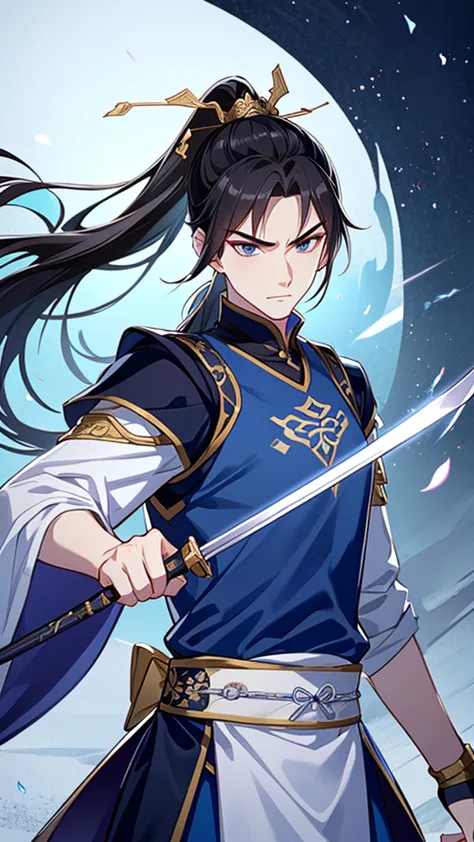 highest quality，masterpiece，16k,boy with a sword，combat stance，blue clothes，hanfu，long hair and a high ponytail，night，moonlight，...