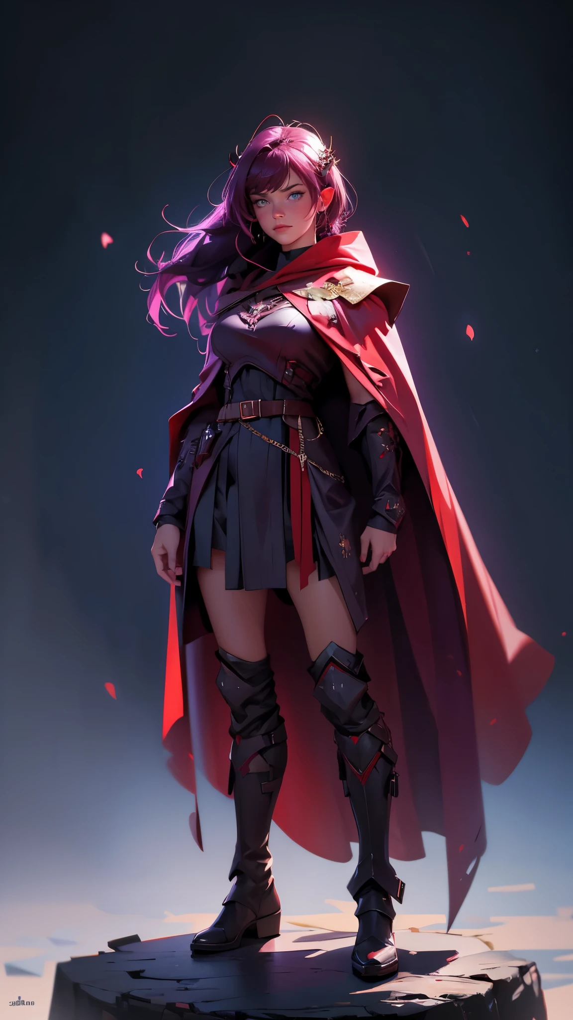 envision a 8k, highres, cinematic, beautiful full body concept art design sheet of a woman with Dark Purple hair, Blue eyes, Military Dress, Tactical Robe, Red Cape, in dark lighting, against a dark gray background