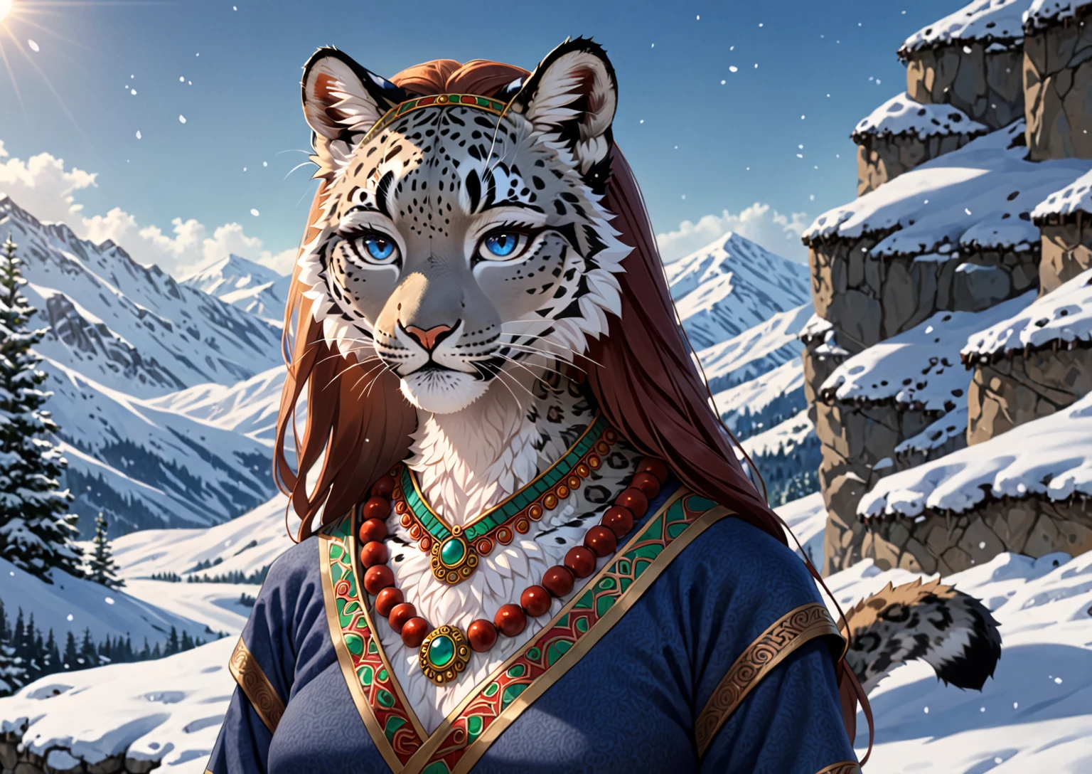 High resolution, top quality, best quality, Paid rewards available, best quality,Super detailed,actual,(portrait,photo-actual:1.37),(hairy:1.1),(human nature:1.1) High resolution, 8k, masterpiece,, Super detailed, mammal,snow leopard anthropomorphic，female，whole body，Tibetan style，Tibetan jewelry，dark blue clothing，，清澈的Sky空, movie lighting, Sky, sunny Sky,，grassland， horizon background,(Snow leopard fur:1.1,hairy質感:1.2), (Natural background:1.1,高地grassland:0.9), (Soft natural light:1.1), (Detailed facial features:1.1,expressive eyes:1.2), (calm and serene expression:1.1), (Flowing and layered clothing:1.1), (Gorgeous and intricate accessories:1.1), Fine hairs, exquisite eyes,  anime style illustration, whole body