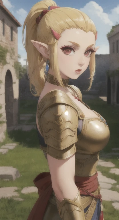 Goddess candidate, Hylia, blonde, red eyes, looking at viewer POV, Hylian armor, ponytail hairstyle, medieval Town ruins,