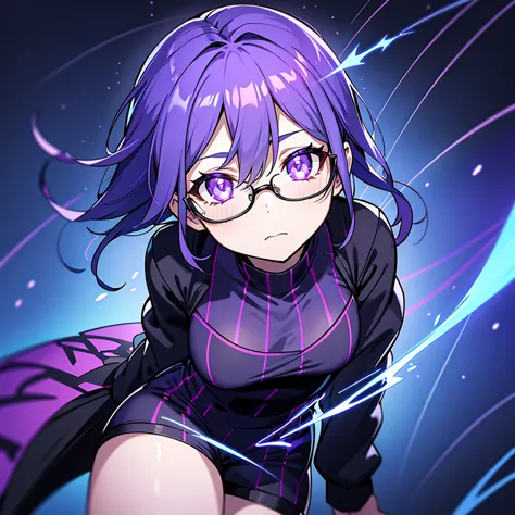 black fire particles, purple fire particles, blue fire particles, purple and blue background, the girl wearing black shorts, and...