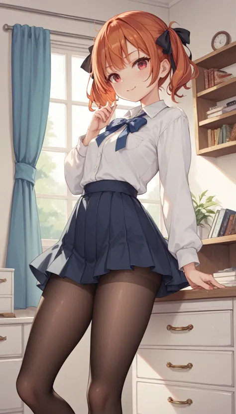 (high resolution、detailed).(short twin tails,black ribbon、a cute blouse with a blue ribbon、white drawers、black pantyhose、redhead...