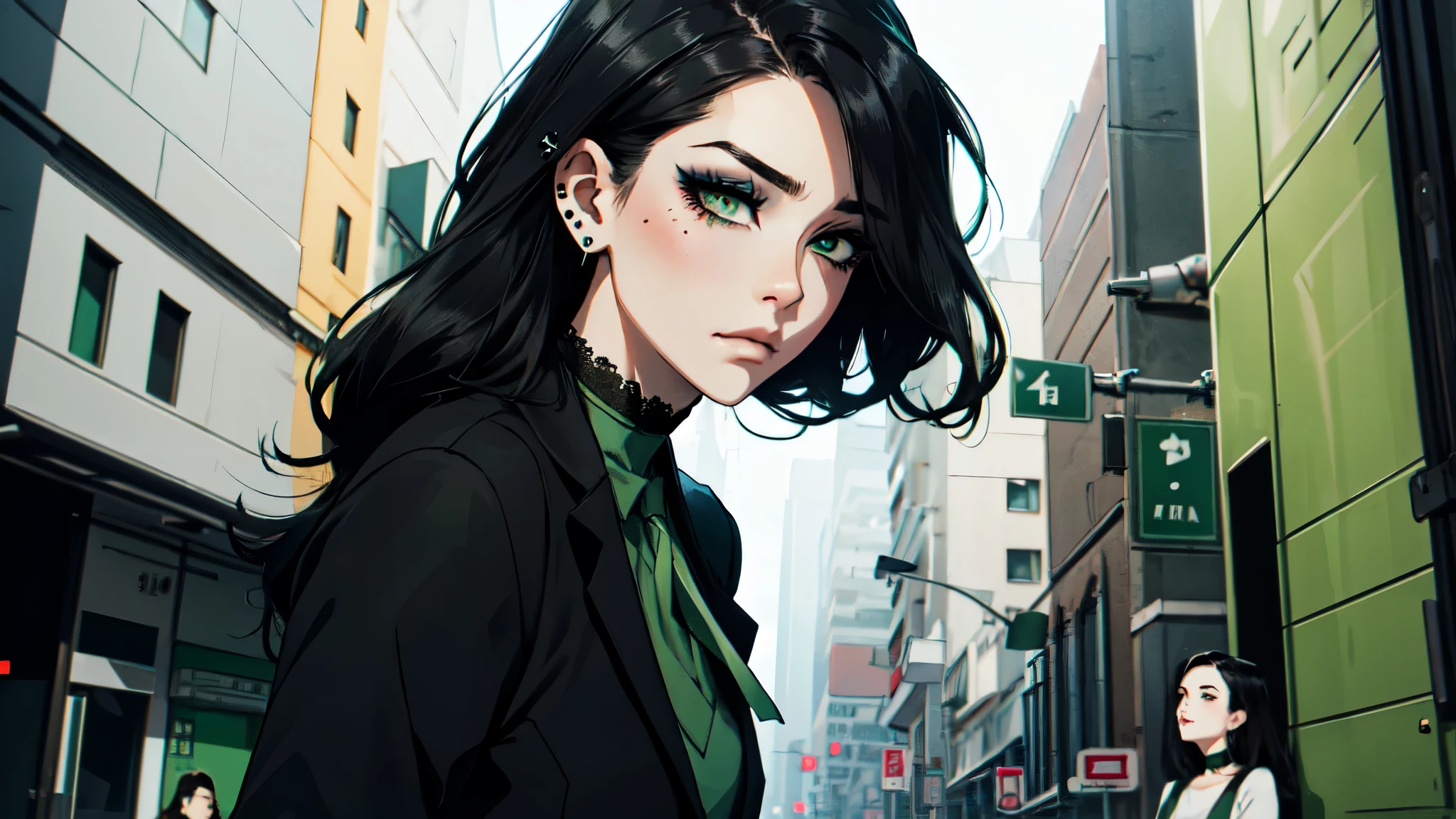 1girl, ((hair over eye)), (tight black lace blazer), black tie, ((long hair)), ((straight hair)), (((black hair))), side swept bangs, white skin, pale, white, (green eye), tired expression, choker, ((dark makeup, mascara, eyeshadow)), mole under eye, multiple piercings, best quality, 8k, cyberpunk city, neon streets, white shirt, erotic, slytherin