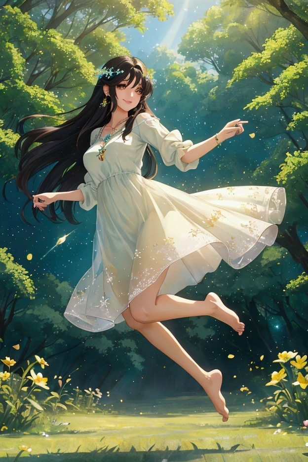 (masterpiece、Highest quality、8k、High resolution)、1 female、Beautiful eyes with slit length、Cute lips、Beautiful Nose、Brownish black hair、smile、(Best anime girl)、Green grassland with forest view、Walking,((Barefoot, off the ground, flying high, high, high, flying and running)),Fantasy art,Colorful flowers blooming in the field,A bright night with the stars clearly visible、milky way、(Mysterious light particles from the whole body、Colorful light particles)、jewelry、necklace、White lace dress、(Beautiful full body style)、Highly detailed anime art、Fantasy art,