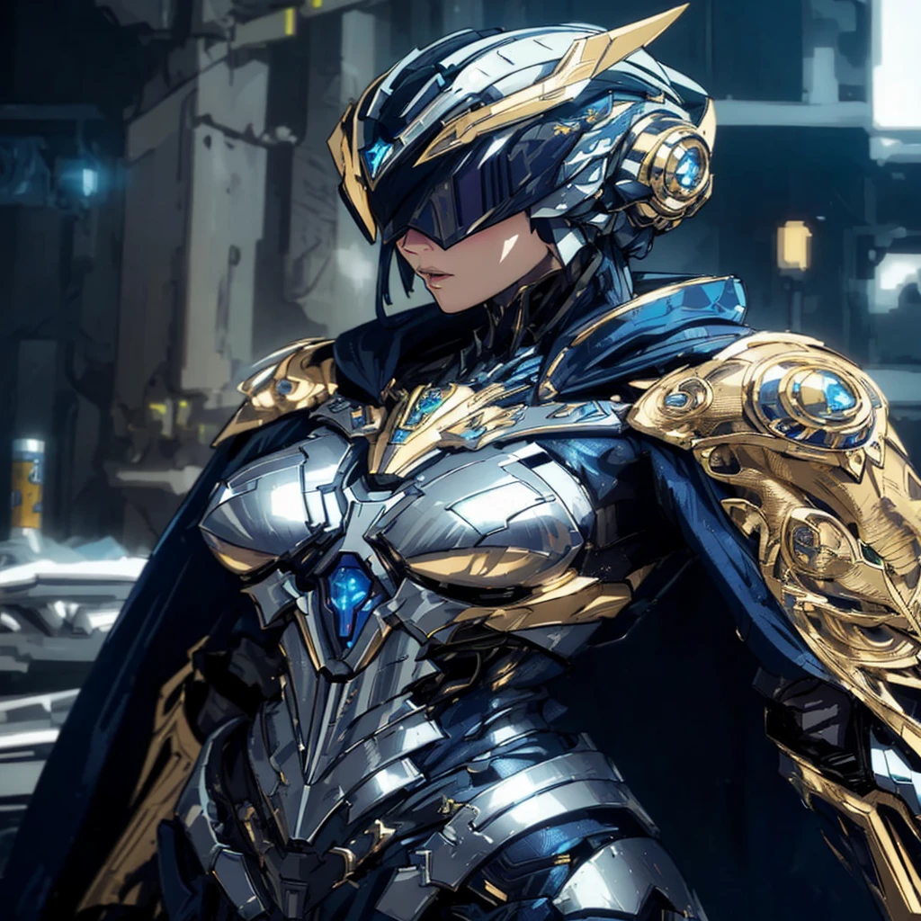 a close up of a woman in a costume with a cape, stunning armor, beautiful armor, porcelain cyborg armor, ornate cyberpunk armor, very stylish fantasy armor, girl in mecha cyber armor, wearing witchblade armor, cyberpunk robotic elvish queen, stylish cyborg armor, ornate cosplay, of a beautiful female warframe, intricate cyberpunk armor, perfect anime cyborg woman