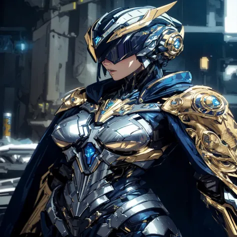 a close up of a woman in a costume with a cape, stunning armor, beautiful armor, porcelain cyborg armor, ornate cyberpunk armor,...