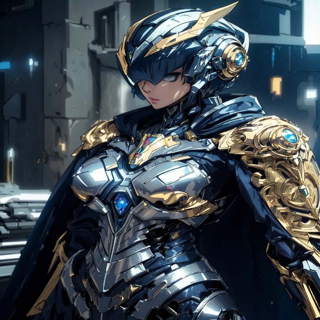 a close up of a woman in a costume with a cape, stunning armor, beautiful armor, porcelain cyborg armor, ornate cyberpunk armor, very stylish fantasy armor, girl in mecha cyber armor, wearing witchblade armor, cyberpunk robotic elvish queen, stylish cyborg armor, ornate cosplay, of a beautiful female warframe, intricate cyberpunk armor, perfect anime cyborg woman