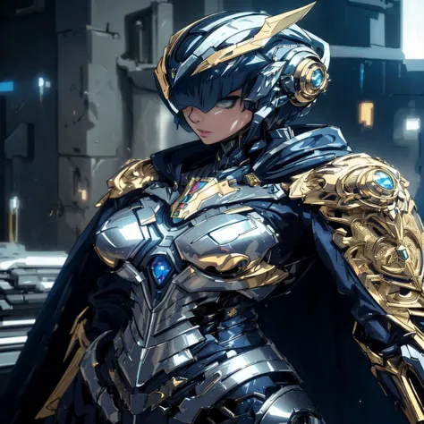 a close up of a woman in a costume with a cape, stunning armor, beautiful armor, porcelain cyborg armor, ornate cyberpunk armor,...