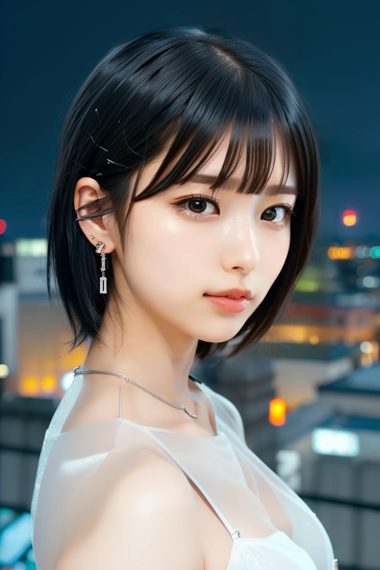 ((Rooftop of a building: 1,3)), ((Goth_punk, alone, Medium Shot, Walking the rooftops of Harajuku, ((night)), Blurred, Neon Light, Rainbow Eyes, Starry Sky, Shiny black hair, white eyebrows, Shiny Hair, (Rainbow black hair), Earring, good, jewelry, Blunt bangs, Busy eyes, Background Blurred, Blurred, hair ornaments, vision, short hair, Portraiture, Side Lock break ((Swedish girl, white skin, white)),((woman&#39;It suits her job:1.3)), break (Gal: 1. 1),(Glamour: 1. 3),(night),(Supermodel: 1.3)),break ((earring, ring)), Cowboy Shot,((Tall people)),((Android)),((look up)),((Top Angle:1. 3)), From above, Looking into the camera,((Event Companion)),((Thin see -through)) Tight-fitting underwear with straps))、Hip、Butt、bend、