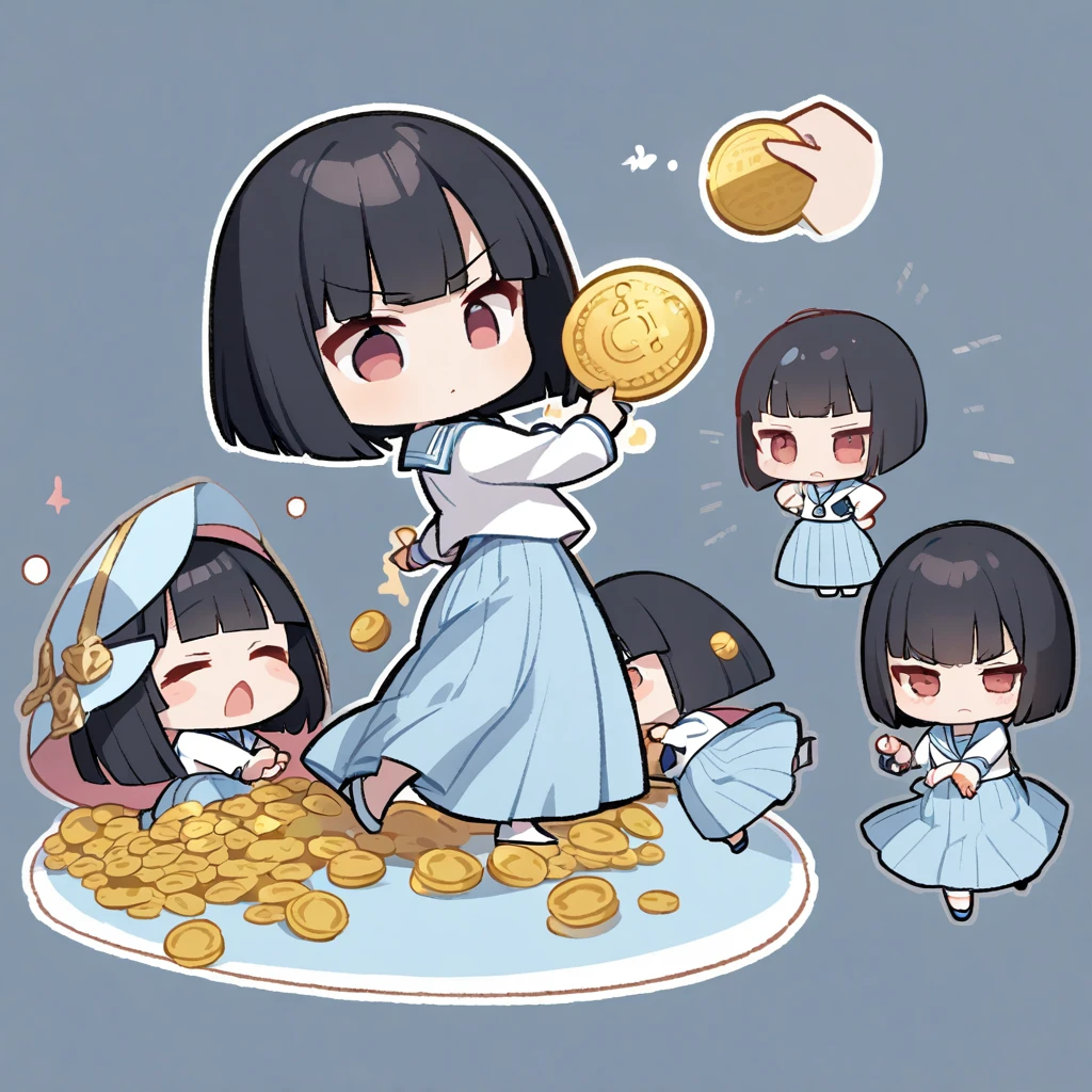 
Chibi Characterな女の子、Serious face、(Pearlﾋﾟｱｽ、Black Hair、Bobcut、Light blue sailor suit、Long skirt、flicking a gold coin with one&#39;s finger), Best Hand 、Schoolyard、Masterpiece、超Masterpiece、anime、Cel painting、16K、Precise illustrations、Highest quality、Detailed depiction、Chibi Character、
