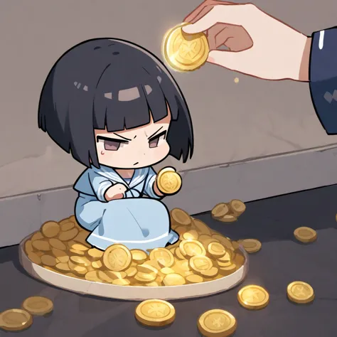 
Chibi Characterな女の子、Serious face、(Pearlﾋﾟｱｽ、Black Hair、Bobcut、Light blue sailor suit、Long skirt、flicking a gold coin with one&#39;s finger), Best Hand 、Schoolyard、Masterpiece、超Masterpiece、anime、Cel painting、16K、Precise illustrations、Highest quality、Detailed depiction、Chibi Character、
