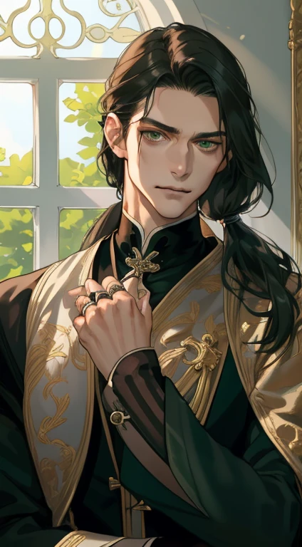 masterpiece, best quality, realistic, 1man, male focus, male model, tall muscular, handsome, closed mouth, close up, portrait, extremely detailed face, detailed eyes, arrogant smirk, long dark wavy hair past his shoulders, hair tied in low ponytail, He's wearing all gothic wizard style dark clothes, rings on his fingers, fair skin, deep green eyes, background is castle window with light streaming through the window, looking at the viewers, MALE ONLY, MALE 4K wallpaper