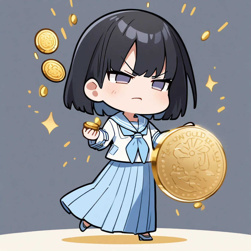 Chibi character girl、Serious face、(Pearlﾋﾟｱｽ、Black Hair、Shortcuts、Light blue sailor suit、Long skirt、flicking a gold coin with one&#39;s finger), Best Hand 、Schoolyard、Masterpiece、超Masterpiece、anime、Cel painting、16K、Precise illustrations、Highest quality、Detailed depiction、