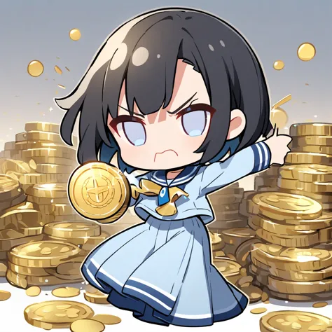 Chibi character girl、Serious face、(Pearlﾋﾟｱｽ、Black Hair、Shortcuts、Light blue sailor suit、Long skirt、flicking a gold coin with one&#39;s finger), Best Hand 、Schoolyard、Masterpiece、超Masterpiece、anime、Cel painting、16K、Precise illustrations、Highest quality、Detailed depiction、