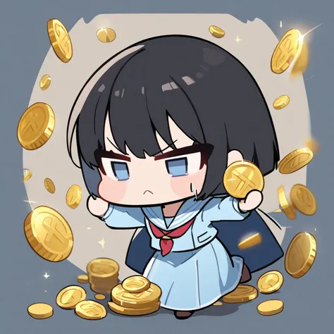 Chibi character girl、Serious face、(Pearlﾋﾟｱｽ、Black Hair、Shortcuts、Light blue sailor suit、Long skirt、flicking a gold coin with one&#39;s finger), Best Hand 、Schoolyard、Masterpiece、超Masterpiece、anime、Cel painting、16K、Precise illustrations、Highest quality、Detailed depiction、