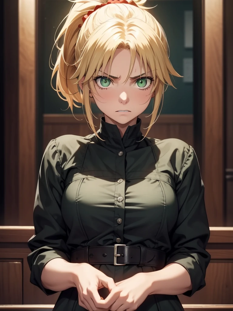 (​masterpiece、top-quality、hight resolution、Unity 8k、extremely details CG:1,Best Picture), modred, (green eyes:1.5), blonde hair, ponytail, short hair, scrunchie, red scrunchie, hair scrunchie,"A woman standing in the defendant's seat in a courtroom, her hands shackled. Her expression is one of despair and disbelief as she realizes the severity of her sentence: the 'Porn Star Punishment.' This fictional sentence forces her to participate in adult film shoots without question for the duration of her sentence. The focus is on her facial expression, capturing the depth of her shock and helplessness."