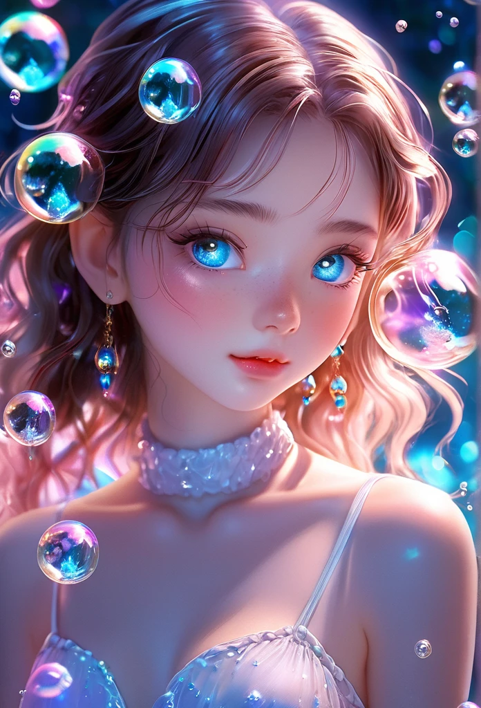 Full body angle, one girl, beautiful detailed eyes, beautiful detailed lips, highly detailed eyes and face, long eyelashes, angelic, spiritual, floating, dramatic lighting, vivid colors, glowing glass, colorful bubbles, album cover, 8k, high quality, official art, amazingly detailed CG, Unity, wallpaper, masterpiece, realistic, bare thighs, aqua eyes, colored contact lenses, stars in eyes, detailed hands,